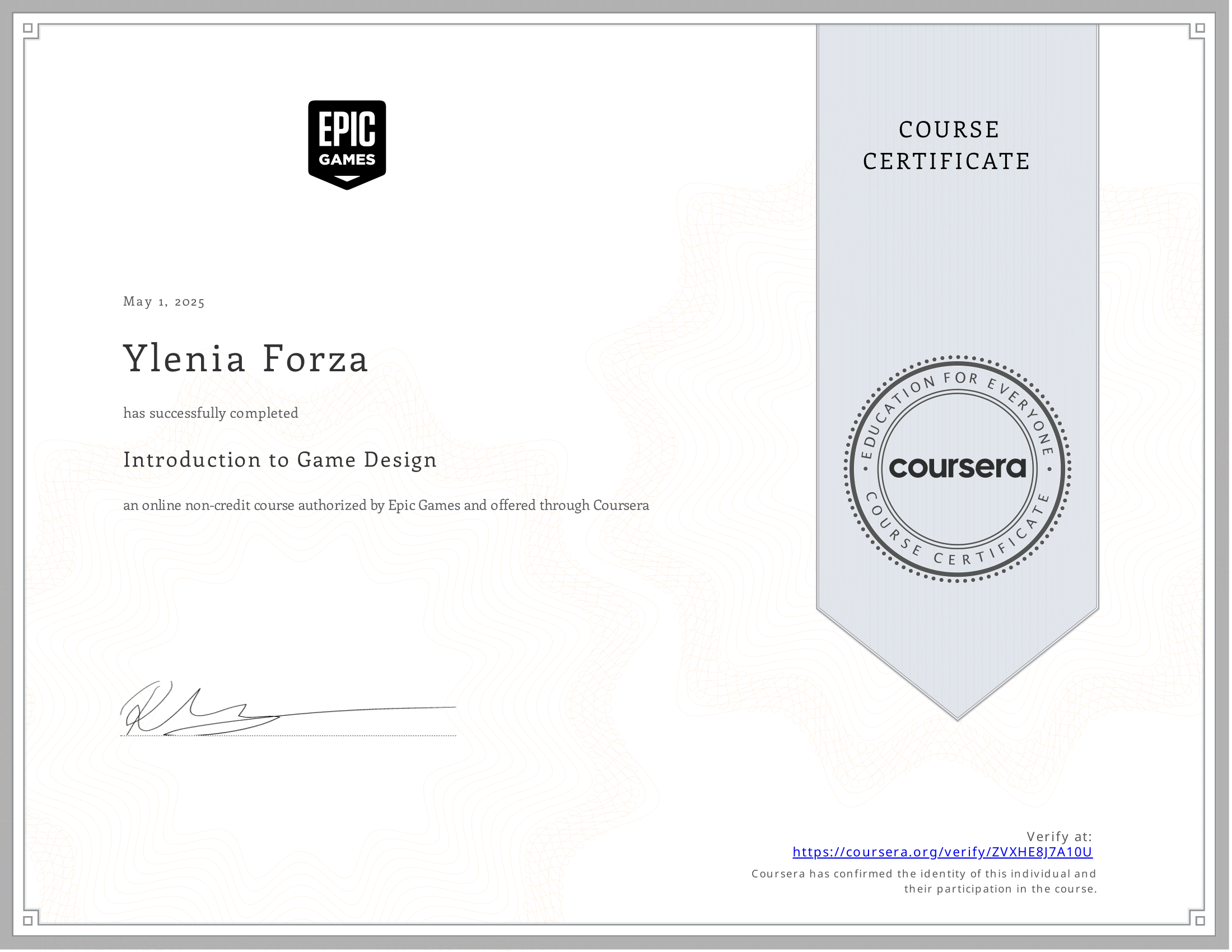 Game Design Course Certificate
