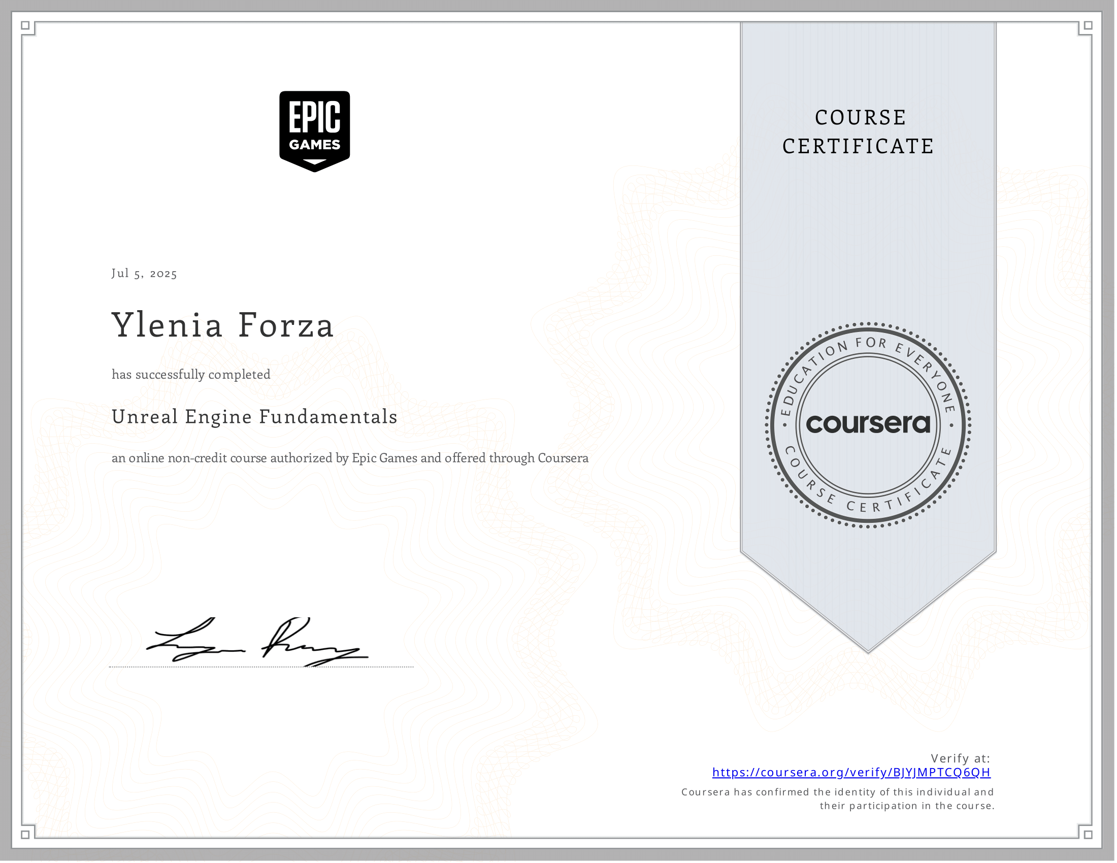 Unreal Engine Course Certificate